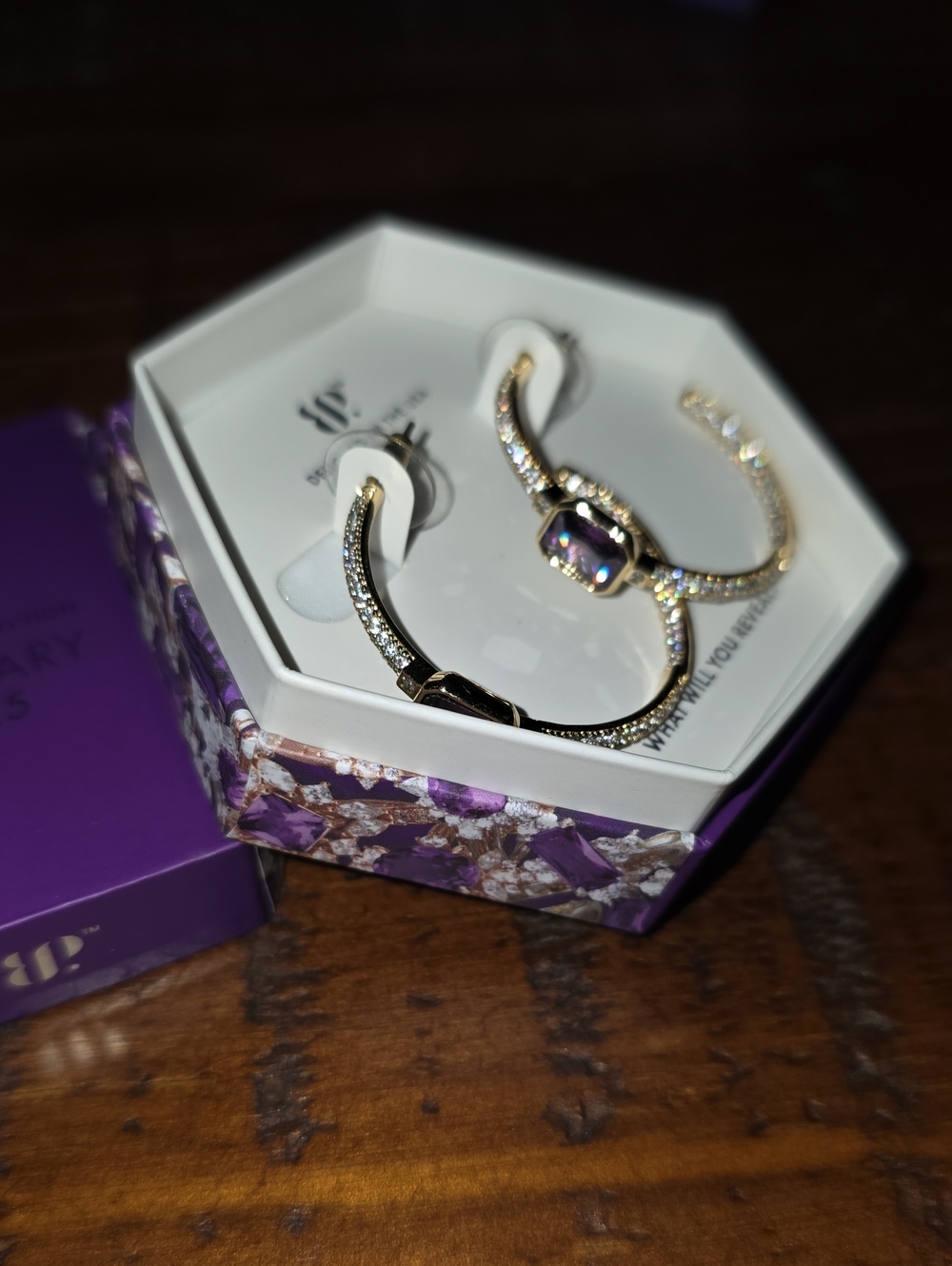 Gold-Tone Crystal Hoop Earrings with Purple Center Stone